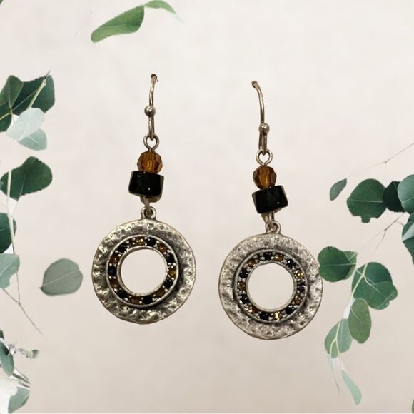 Silver‎ Tone Hammered Metal Beaded Drop Earrings - Picture 1 of 5